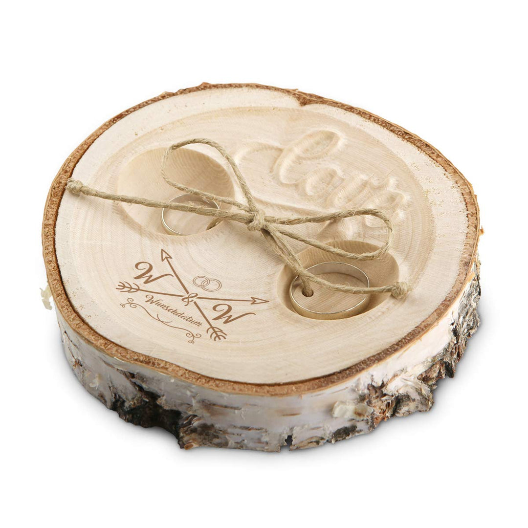 Hochzeit Ringkissen Love Birkenscheibe Gravur individuell ca. 11 cm Durchmesser - Liebespfeil, Liebe