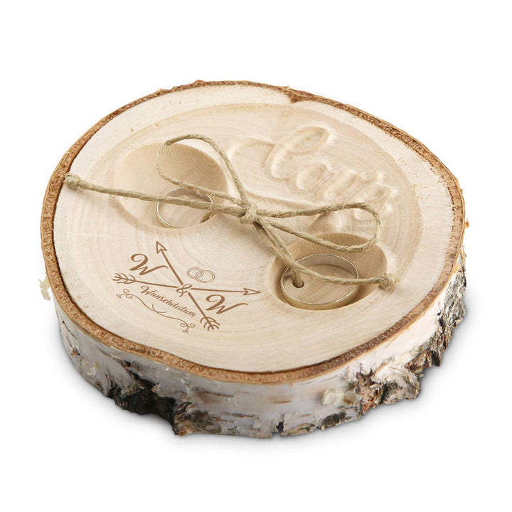 Hochzeit Ringkissen Love Birkenscheibe Gravur individuell ca. 11 cm Durchmesser - Liebespfeil, Liebe