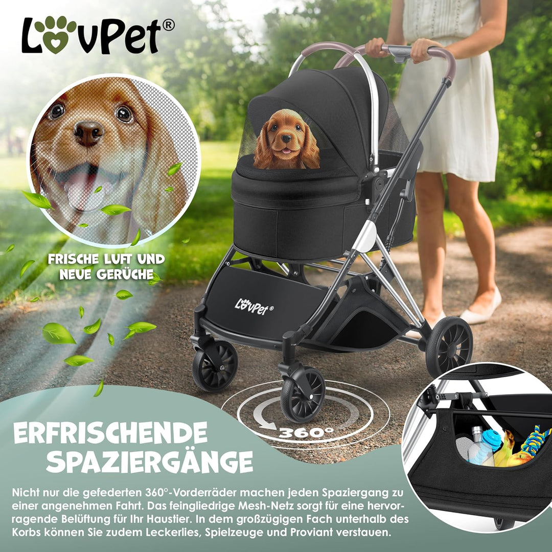 LOVPET® Hundewagen 3in1 Hundebuggy Hundebox Transporttasche 360° Grosse Räder Faltbar klappbar Haust