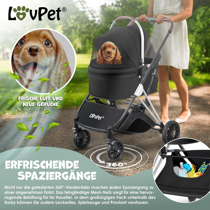 LOVPET® Hundewagen 3in1 Hundebuggy Hundebox Transporttasche 360° Grosse Räder Faltbar klappbar Haust