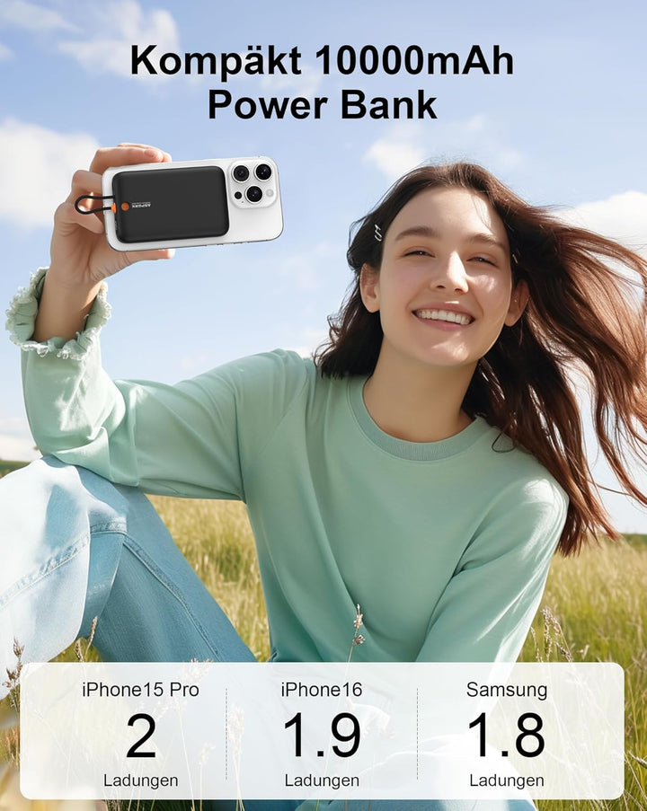 AsperX Magnetische Powerbank für Magsafe: 10000mAh Klein Wireless Power Bank mit 22.5W USB-C Kabel,
