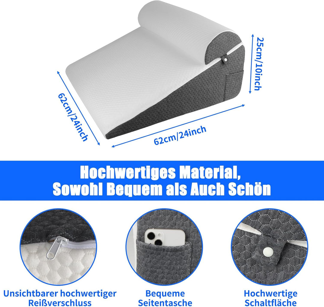 Keilkissen Bett, 3 Lagen mit Memory-Schaum Top, Weichem Kissen, Lesekissen für Bett und Couch, Schau