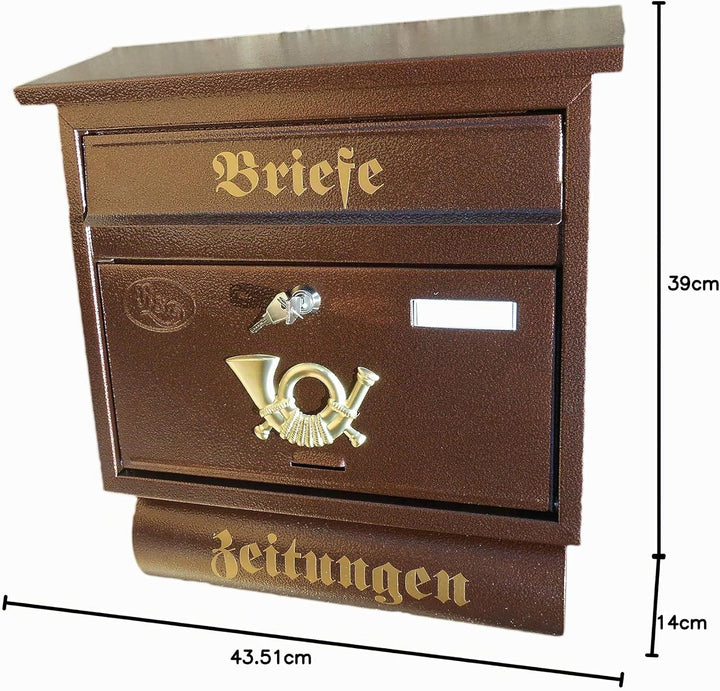 Grosser Briefkasten/Postkasten XXL Kupfer mit Abnehmbarer Zeitungsrolle Flachdach Katalogeinwurf Zei