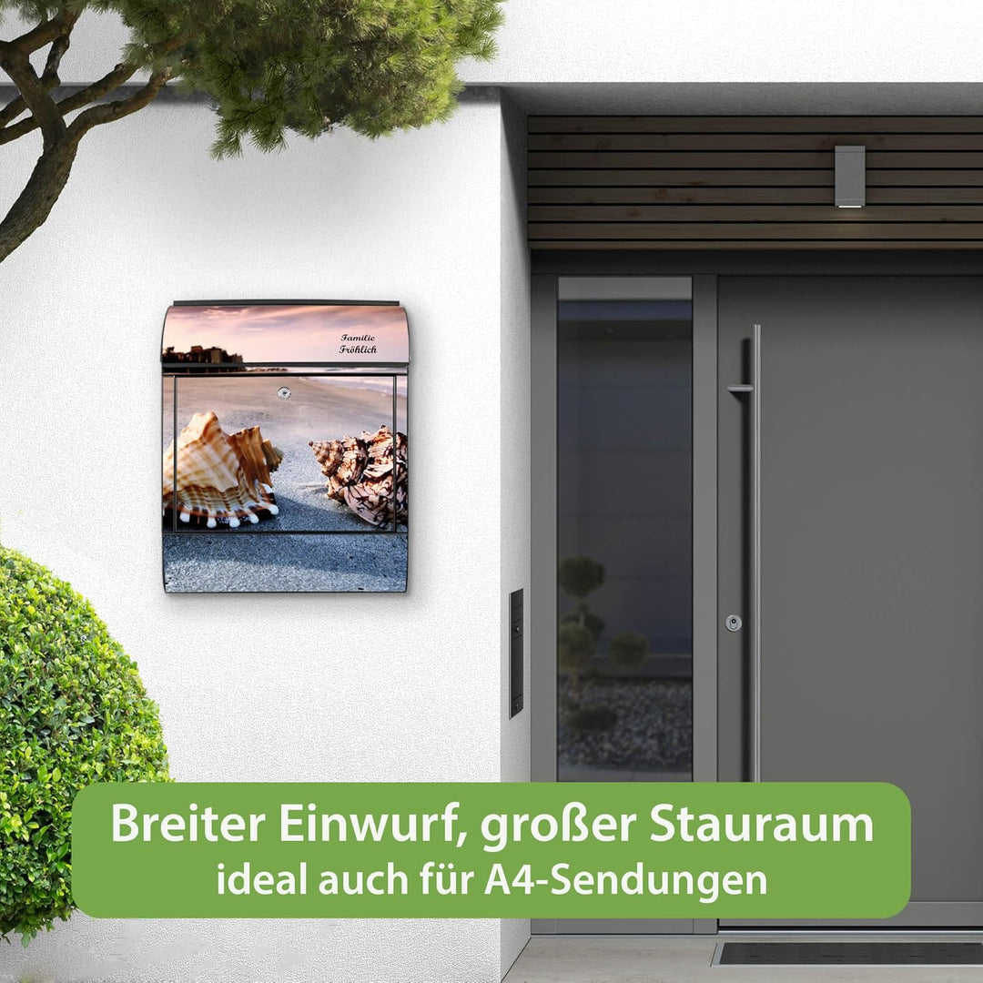 banjado® Design Briefkasten personalisiert mit Motiv Muscheln 39x47x14cm & 2 Schlüssel - Briefkasten