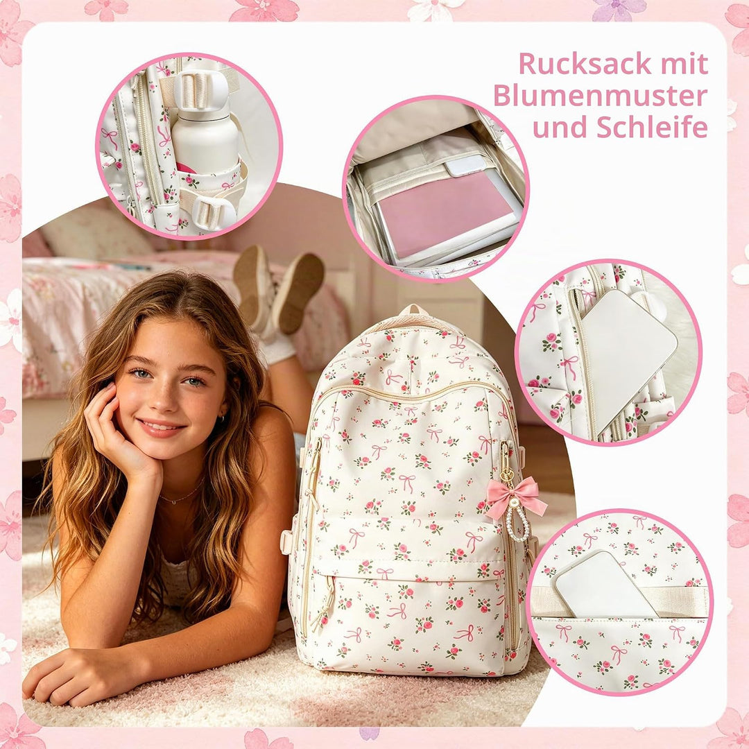 Blumen Schleife Rucksack Rosa Büchertaschen Damen Laptop Rucksack Mädchen | Blumen Schleife Rucksack