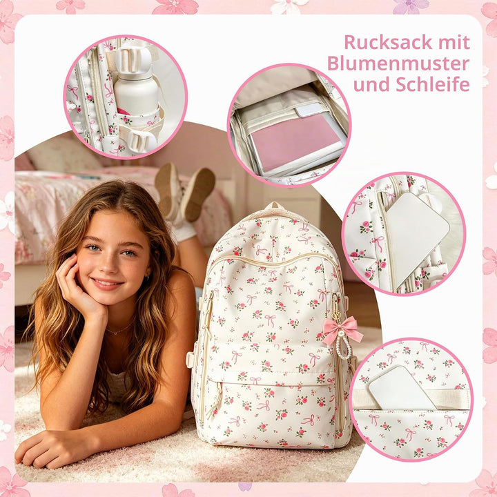 Blumen Schleife Rucksack Rosa Büchertaschen Damen Laptop Rucksack Mädchen | Blumen Schleife Rucksack