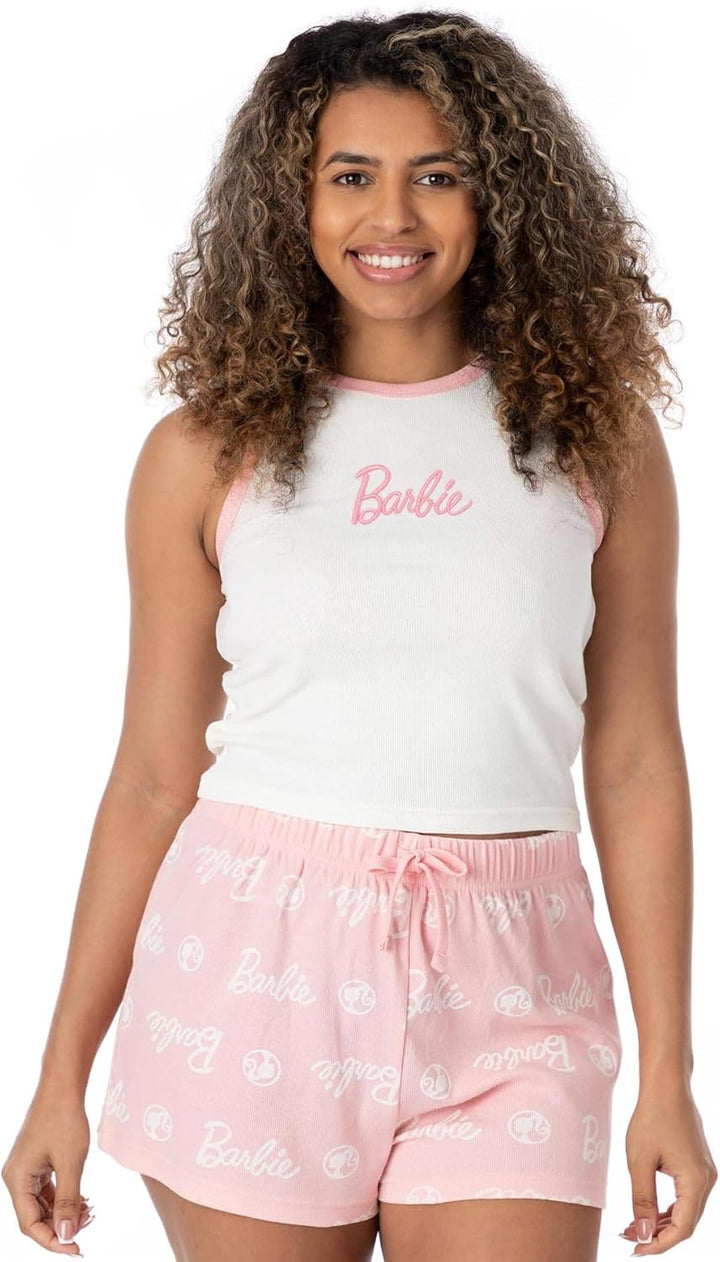 Barbie Damen Kurzer Pyjama | Damen Puppenlogo gerippte weisse Weste mit rosa elastischen Shorts Klei