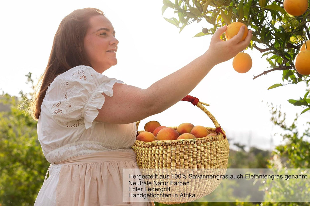 Ciffre ca. 40cm Bolga Rundkorb Korb Afrika Ghana Einkaufskorb Ledergriff Natur Naturfarbe