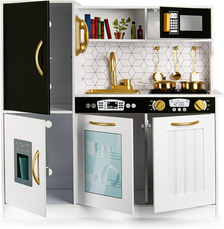 Leomark Kinderküche aus Holz MEMO White Spielküche mit goldenen Accessoires Holzküche für Kinder Spi