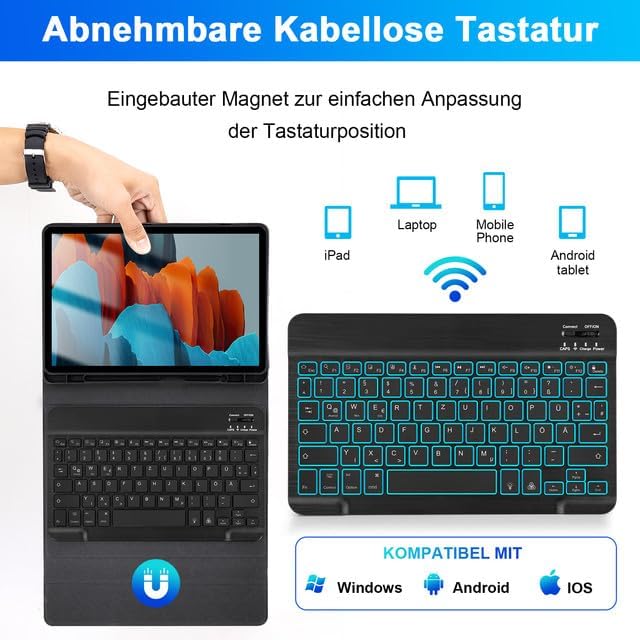 SOPPY Samsung Galaxy Tab S8/Tab S7 Hülle mit Tastatur, Kabellose 7-Farbige Beleuchtung Tastatur Hüll