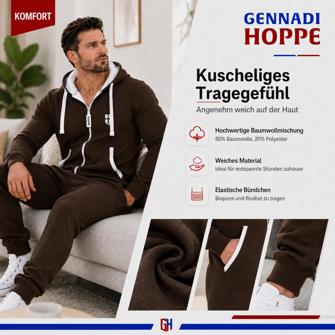 Gennadi Hoppe Herren Jumpsuit Onesie Jogger Einteiler Overall Slim Fit M Braun (Brown), M Braun (Bro