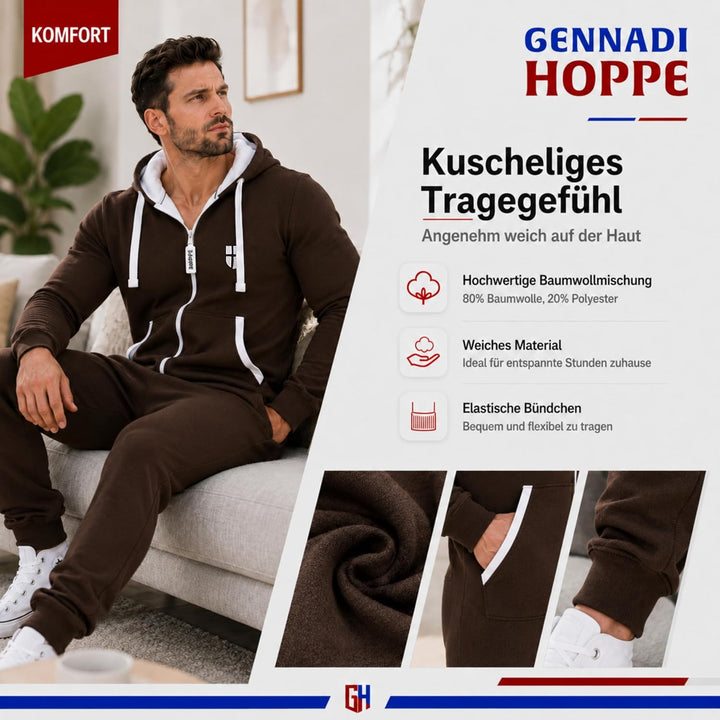 Gennadi Hoppe Herren Jumpsuit Onesie Jogger Einteiler Overall Slim Fit M Braun (Brown), M Braun (Bro