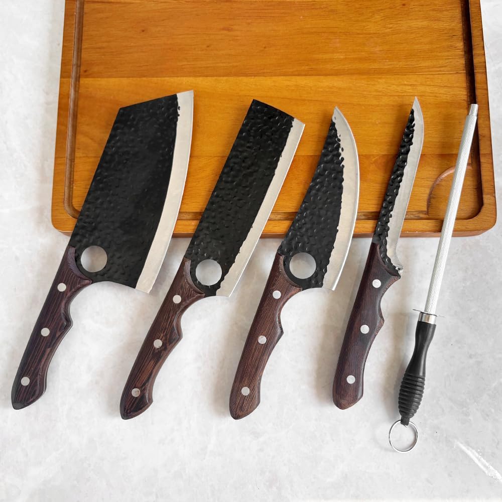 6PCS professionelles Metzger Messer Set mit Tasche, Schneidbrett, Schleiferstange Hand geschmiedet W