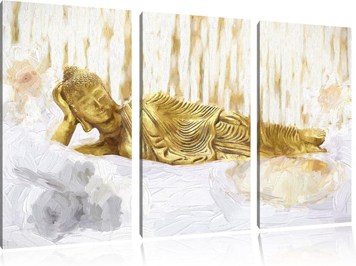 Pixxprint Goldener Buddha auf Handtuch Kunst als Leinwandbild | Grösse: 3 Teilig (120x80) | Wandbild