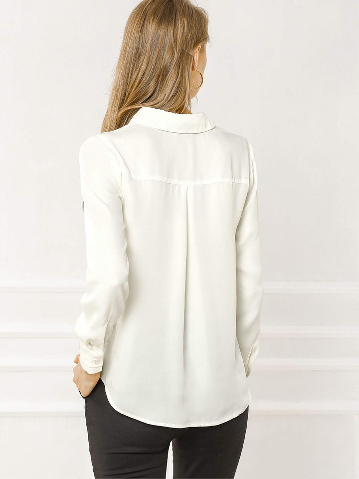 Allegra K Damen Satin Bluse Langarm Hemdkragen V-Ausschnitt Shirt Elegant Top M Weiss, M Weiss