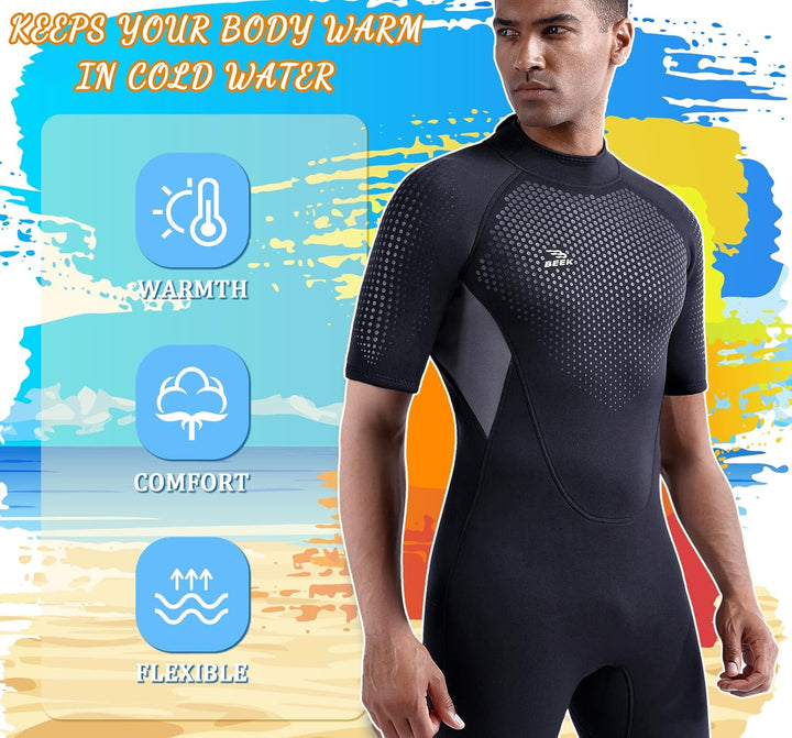 Neoprenanzug Damen und Herren Kurz 3mm für Herren Rückenreissverschluss zum Tauchen, Schnorcheln, Su