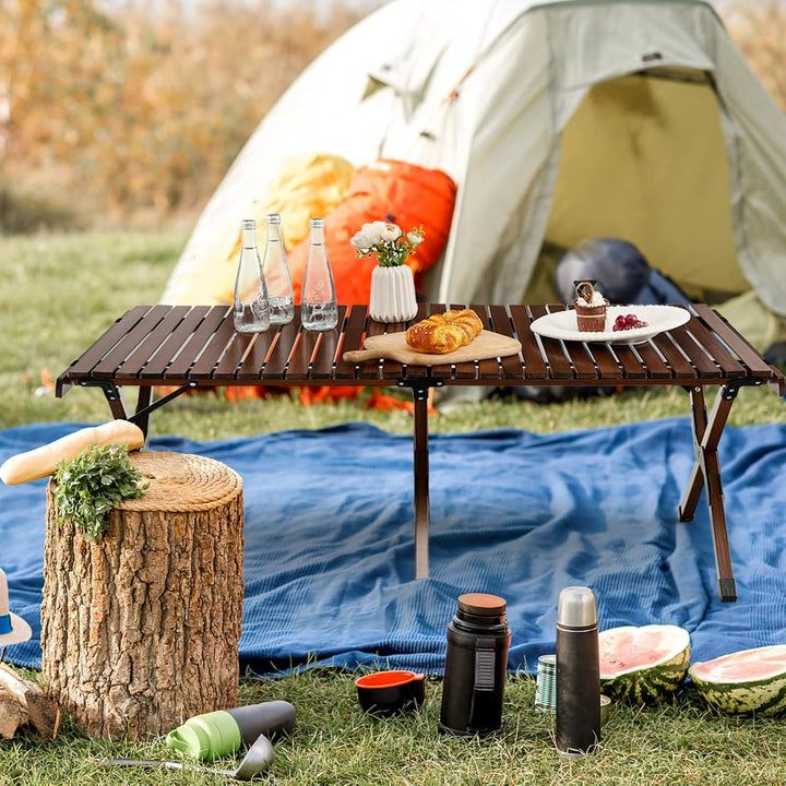 KOMFOTTEU Campingtisch faltbar aus Bambus, Picknicktisch klappbar mit Tragetasche, Klapptisch tragba