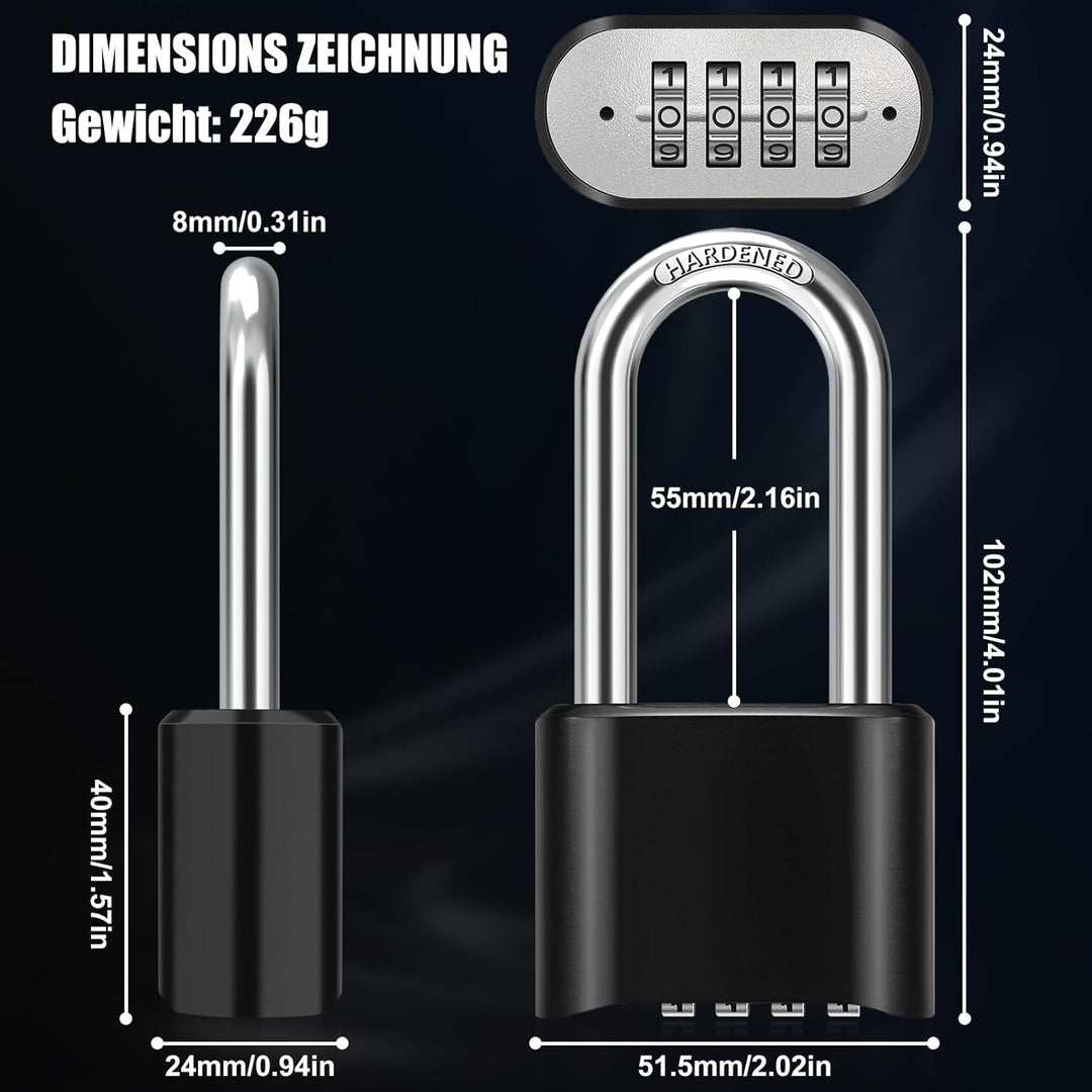 Zahlenschloss mit 8MM Dicker Bügel Lang, 2 Stück Wetterfestes Schloss Zahlencode 4 Stellig Kombinati