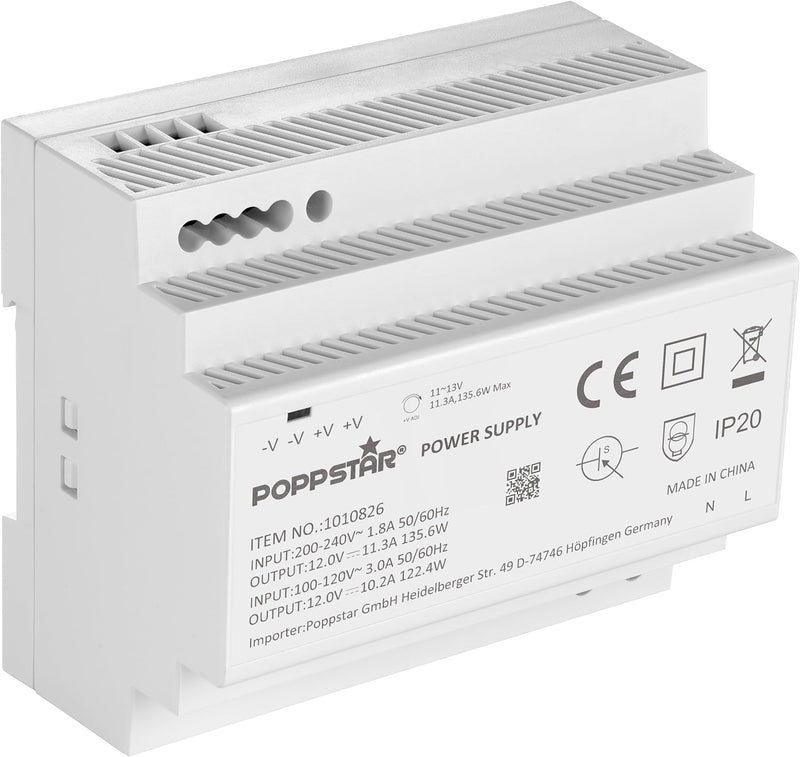 Poppstar 12V Trafo Hutschiene 11,3 A max. 135W (Input 100-240 V AC 50/60 Hz) Hutschienen-Netzteil 12