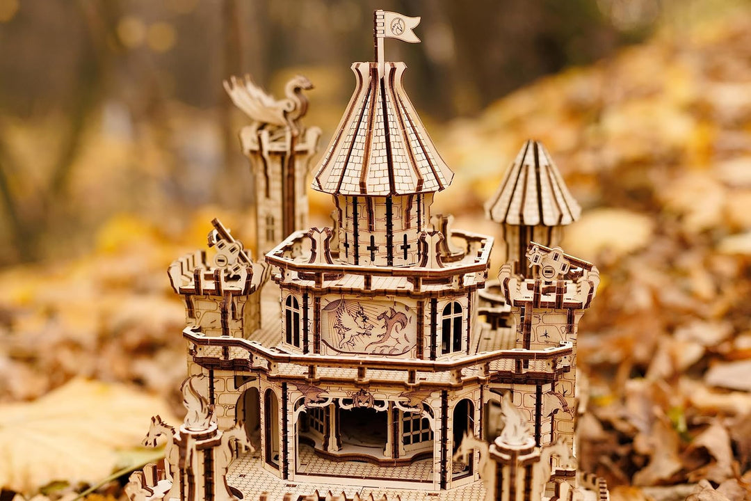 Wood Trick Dragon Castle Moveable Wooden 3D Puzzles for Adults and Kids to Build - Red LED - Greensl