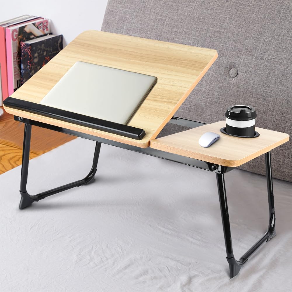OHMG Klappbares Betttablett 56 x 33 x 24 cm – Betttisch mit Laptophalterung, Buchhalter und Becherha
