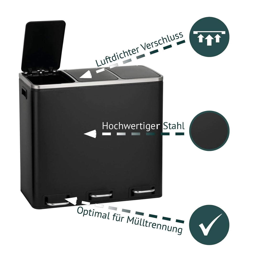 SVITA TM3X18 Treteimer 54 Liter Abfalleimer Mülleimer Design Silber Mülltrennung Papierkorb Küchen-O