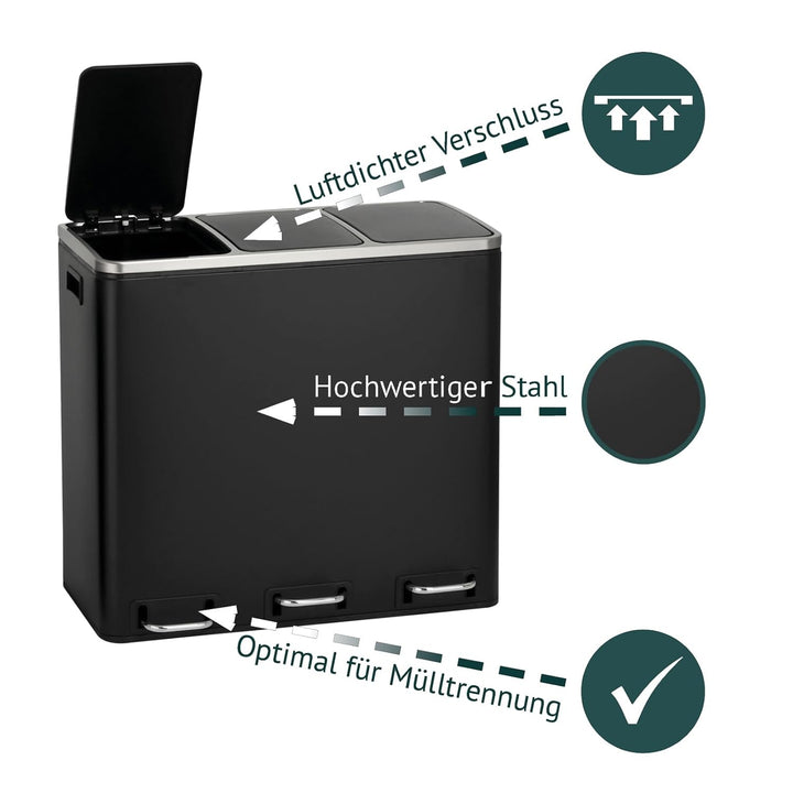 SVITA TM3X18 Treteimer 54 Liter Abfalleimer Mülleimer Design Silber Mülltrennung Papierkorb Küchen-O