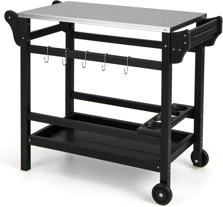 GOPLUS Grillwagen, Grilltisch Outdoor mit Griff, Ablagen, Haken, Winehalter & Rollen, multifunktiona