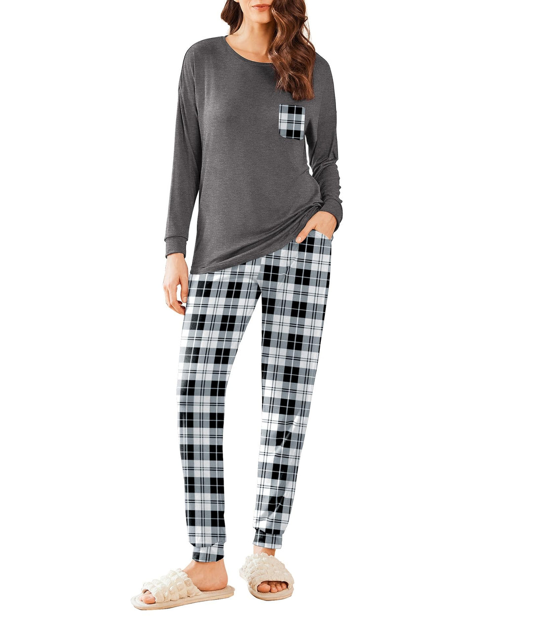 Ekouaer Schlafanzug Damen Lang Zweiteiler Pyjama Langarm Warm Pyjama Set Weich Nachtwäsche Kariert,