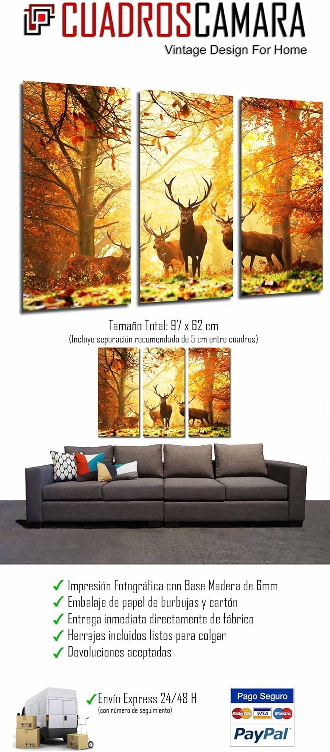 Wandbild - Tierhirsch in der Natur, Herbstlandschaft, 97 x 62 cm, Holzdruck - XXL Format - Kunstdruc