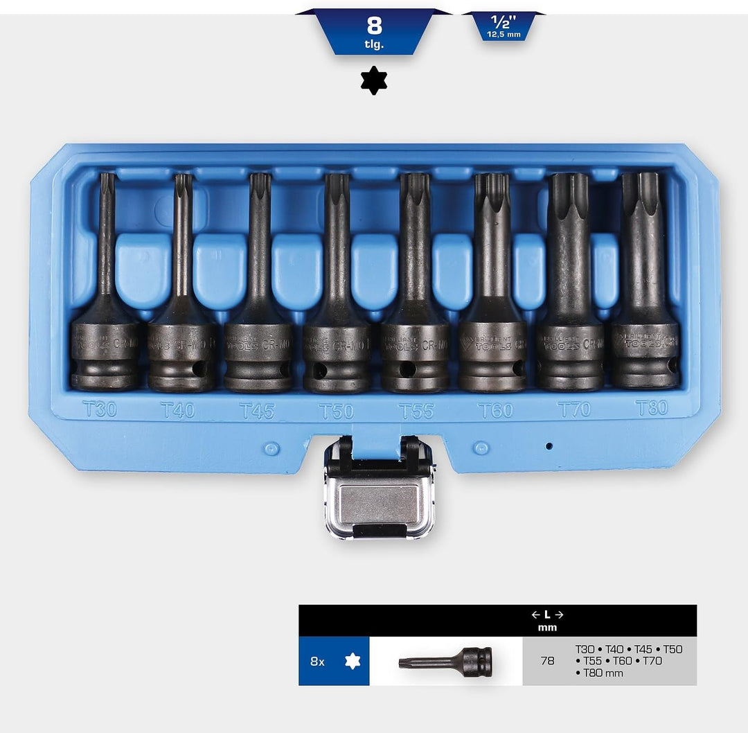 BRILLIANT TOOLS BT022600 1/2" Kraft Bit-Stecknuss Satz, Torx, T30-T80 8-TLG. [Powered by KS Tools]