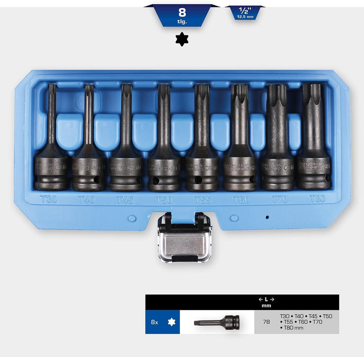 BRILLIANT TOOLS BT022600 1/2" Kraft Bit-Stecknuss Satz, Torx, T30-T80 8-TLG. [Powered by KS Tools]