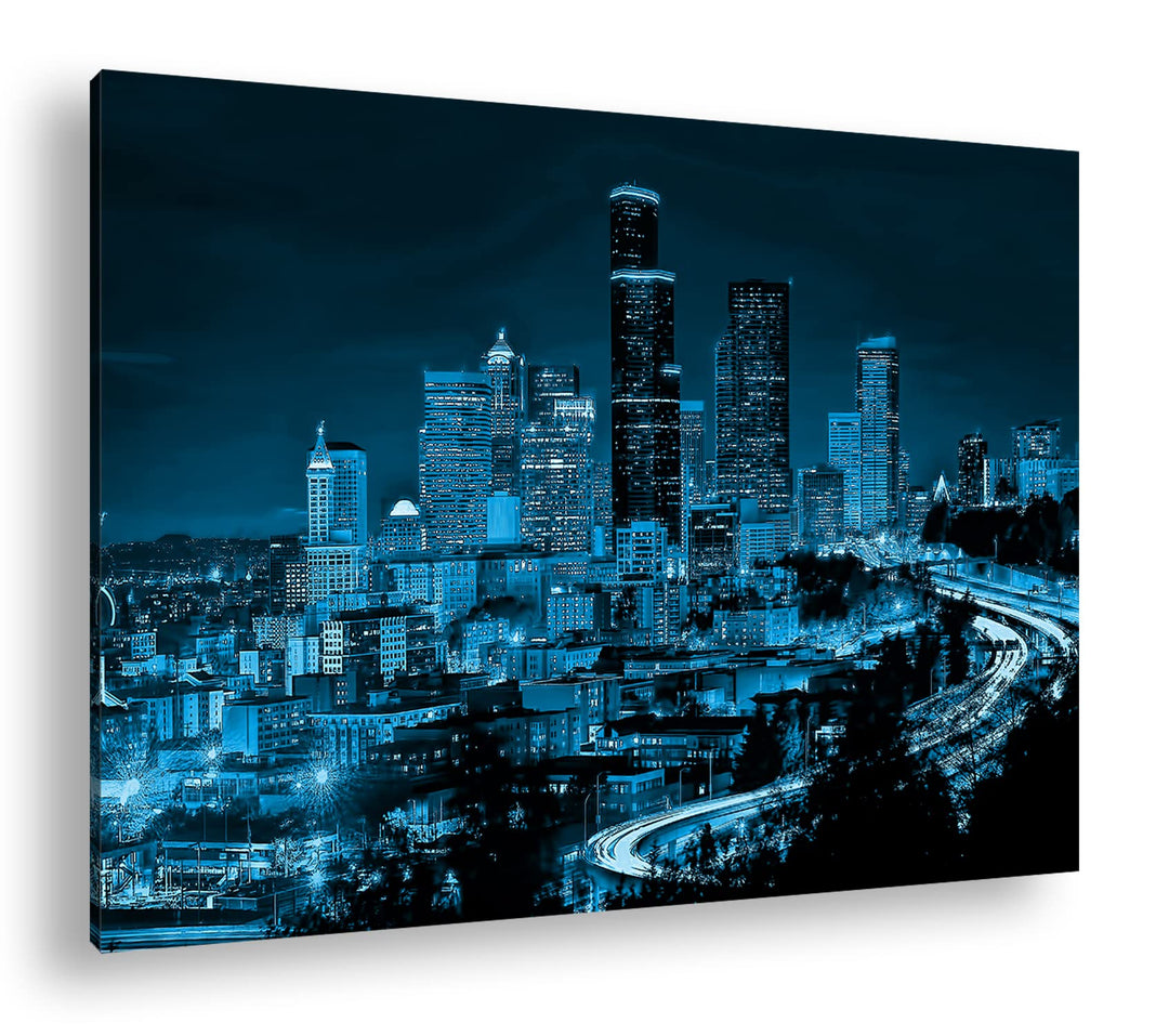 deyoli belebte Skyline von Seattle bei Nacht Format 80x60 Effekt: Monocrome Blau als Leinwandbild, M