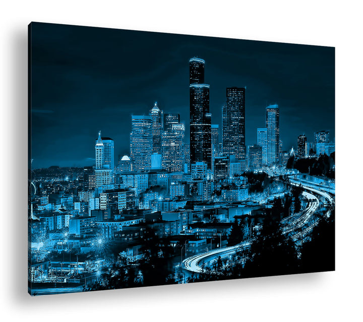 deyoli belebte Skyline von Seattle bei Nacht Format 80x60 Effekt: Monocrome Blau als Leinwandbild, M