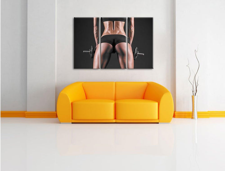 Pixxprint Sexy Frau mit Hanteln B&W Detail als Leinwandbild/Grösse: 3 Teilig (120x80 cm) cm/Wandbild
