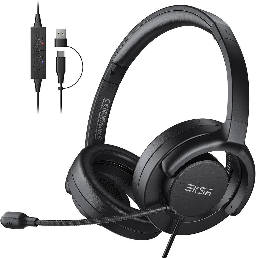 EKSA H27 PC Headset mit Mikrofon, Open-Ear Headset mit Kabel, Headset mit Geräuschunterdrückung, USB