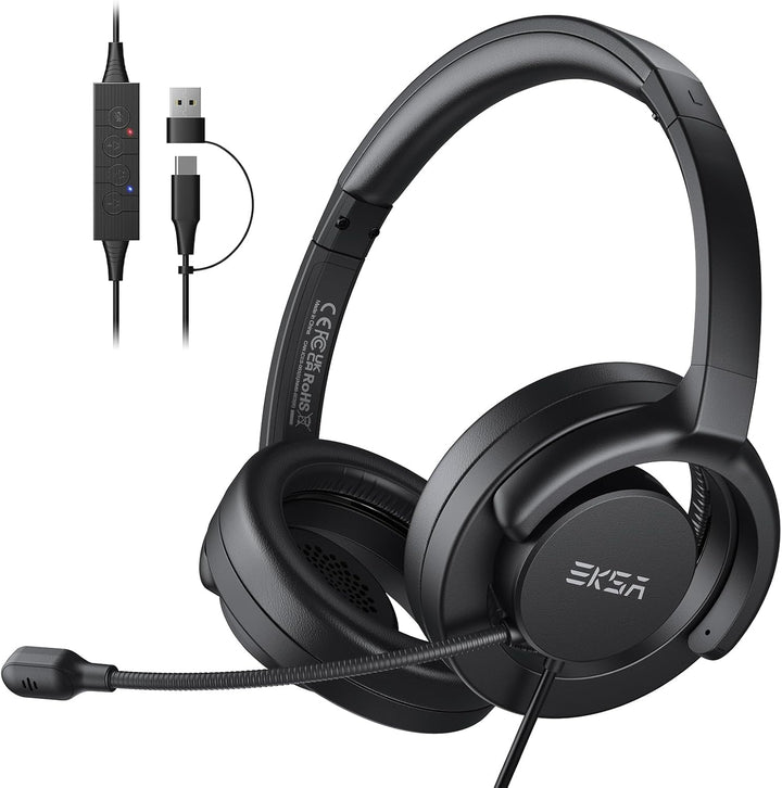 EKSA H27 PC Headset mit Mikrofon, Open-Ear Headset mit Kabel, Headset mit Geräuschunterdrückung, USB