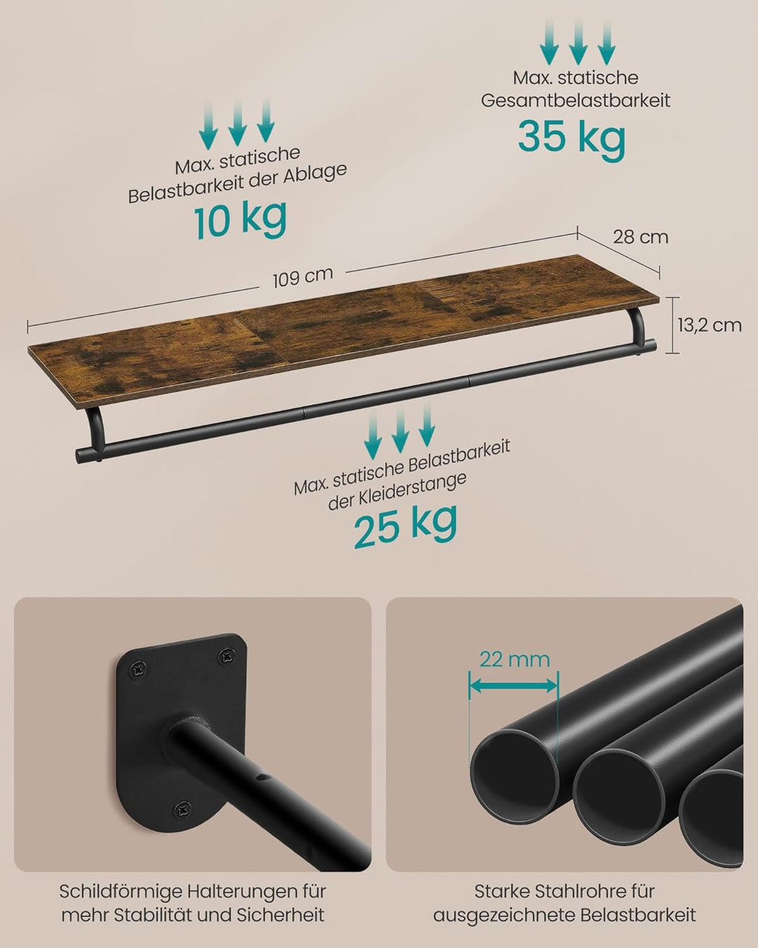 SONGMICS Wandgarderobe, Garderobe, Wandregal mit Kleiderstange, Gesamtbelastbarkeit 35 kg, 28 x 109