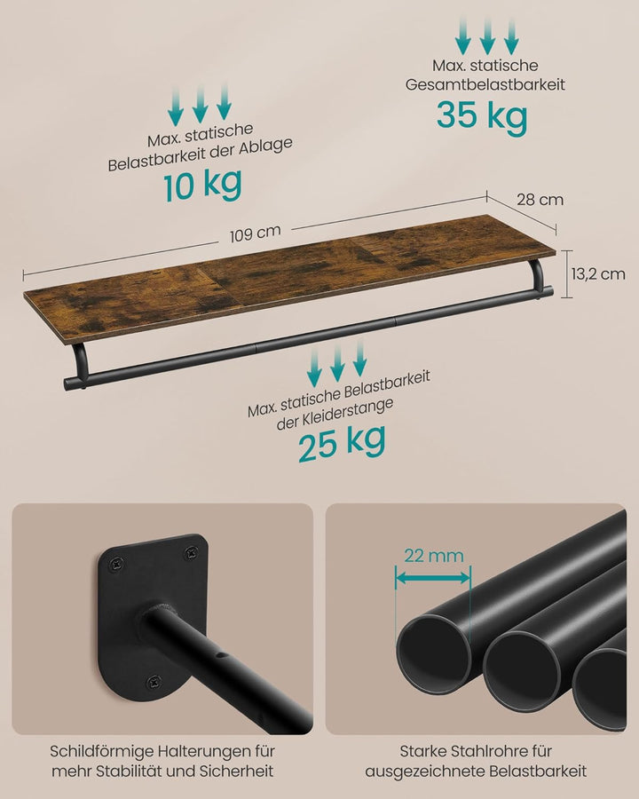 SONGMICS Wandgarderobe, Garderobe, Wandregal mit Kleiderstange, Gesamtbelastbarkeit 35 kg, 28 x 109
