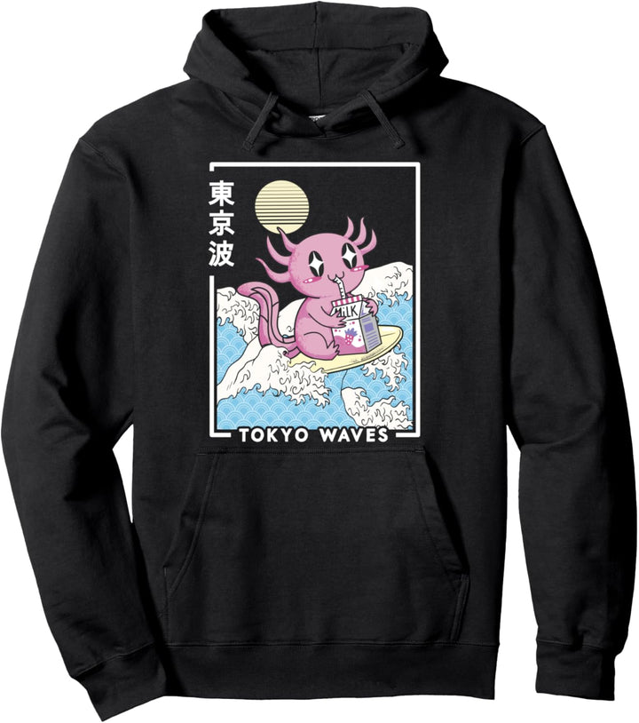 Axolotl Erdbeermilch Japanische Wellen Kinder Kawaii Ästhetik Pullover Hoodie