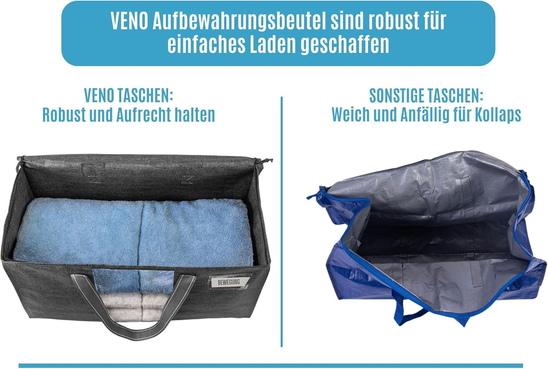 VENO Umzugstaschen 4 Stück Aufbewahrungstasche mit Griffe und Reissverschlüssen, Kleideraufbewahrung