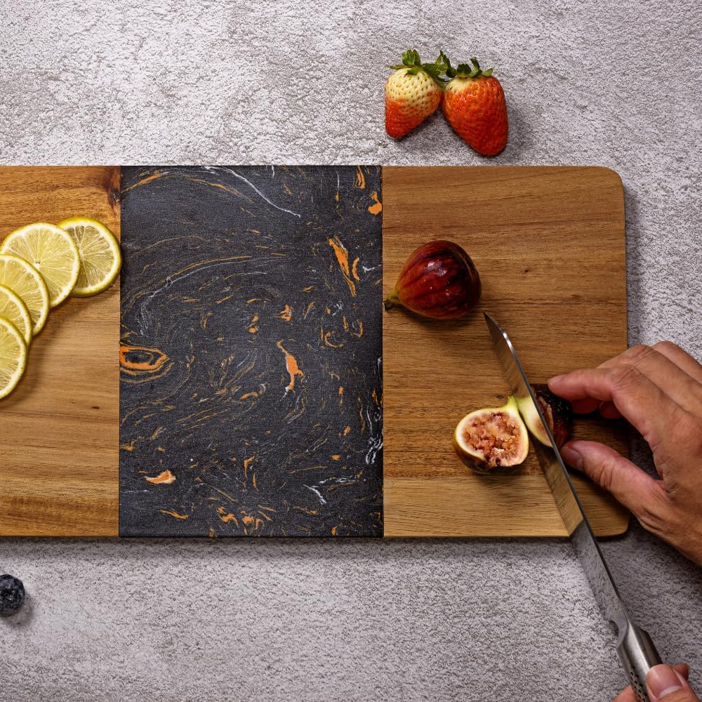 Kadum Servierplatte 40cm x 20cm x 1,4cm | Beidseitig nutzbares Servierbrett aus Marmor und Akazienho