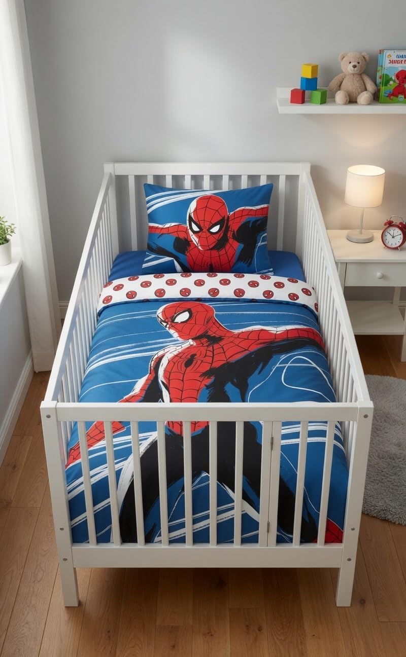 Spiderman-Bettwäsche-Set für Kinderbett 100x135 cm + Kissenbezug 40x60 cm, 100% Baumwolle, nachtleuc