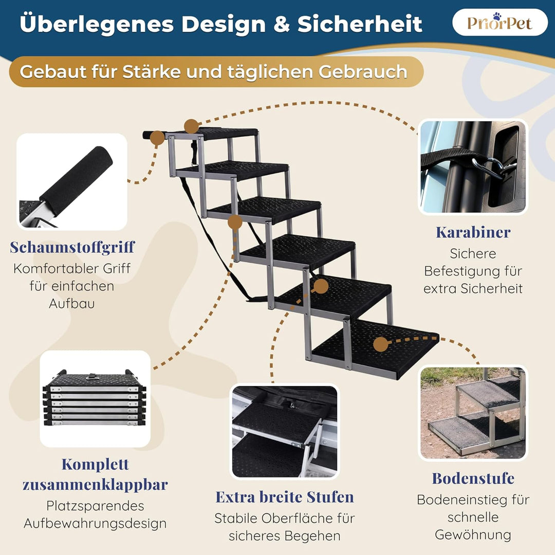 Hundetreppe Auto Klappbar – 4, 5 oder 6 Stufen für niedrige bis hohe Kofferraumhöhen (63–81 cm) – Fü