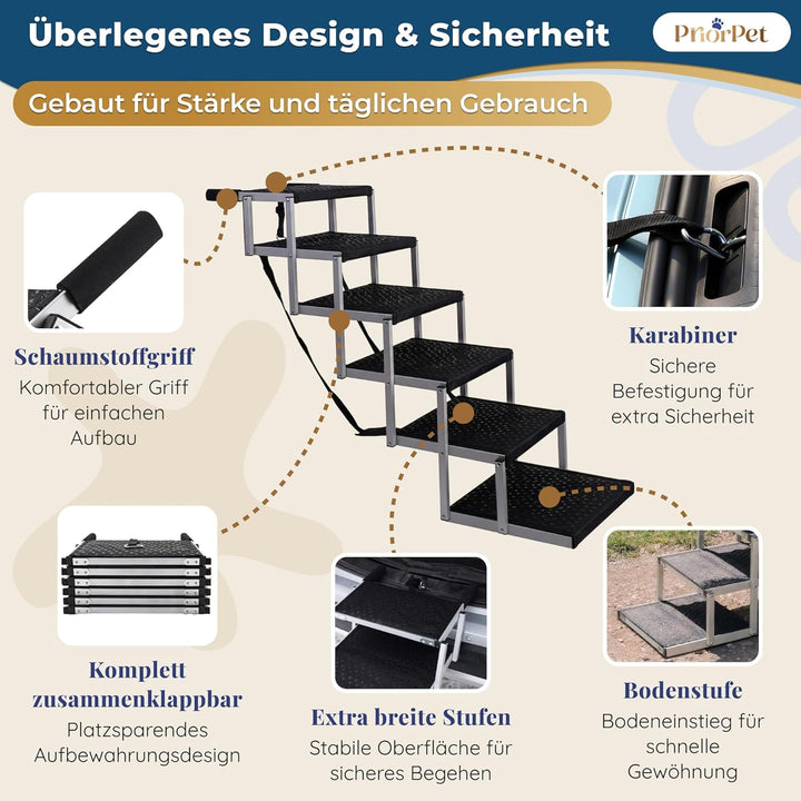 Hundetreppe Auto Klappbar – 4, 5 oder 6 Stufen für niedrige bis hohe Kofferraumhöhen (63–81 cm) – Fü