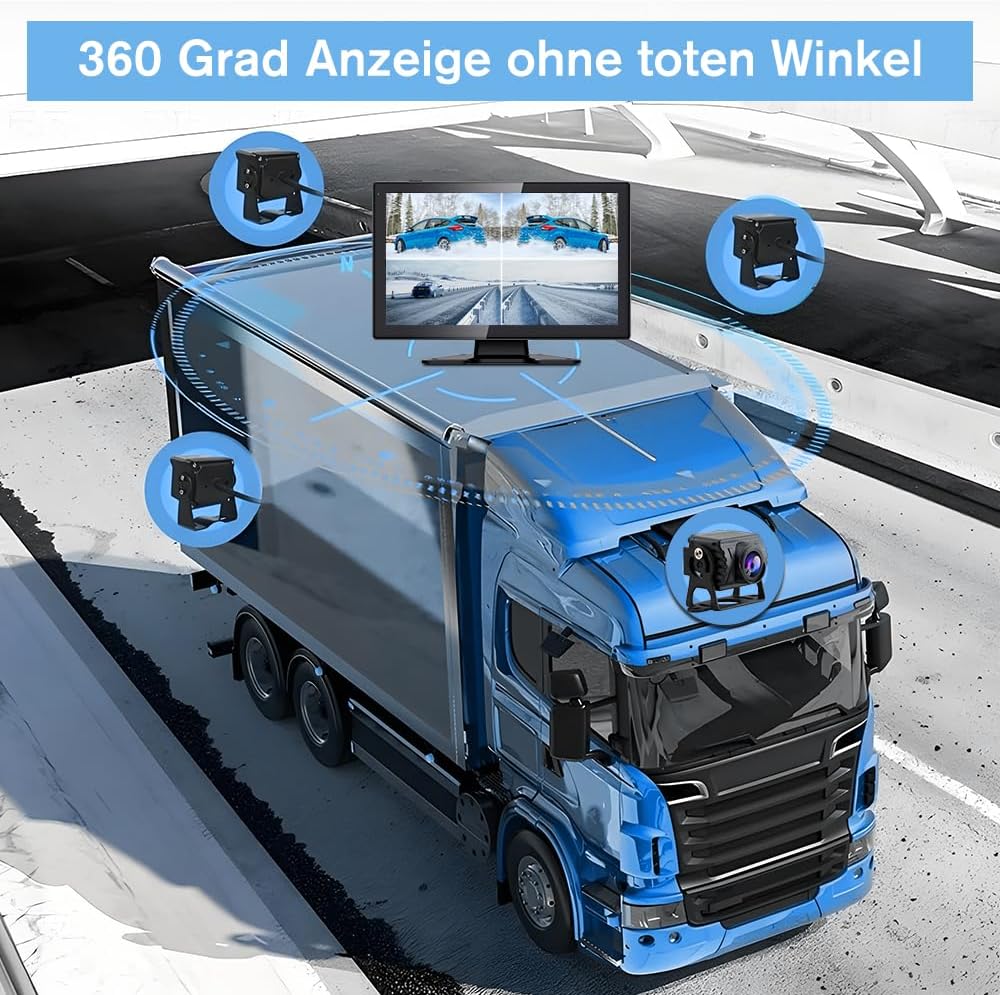 Junsun Rückfahrkamera 4 Kameras mit 10,1 Zoll Geteiltem Bildschirm HD Rückfahrmonitor für Auto, LKW,