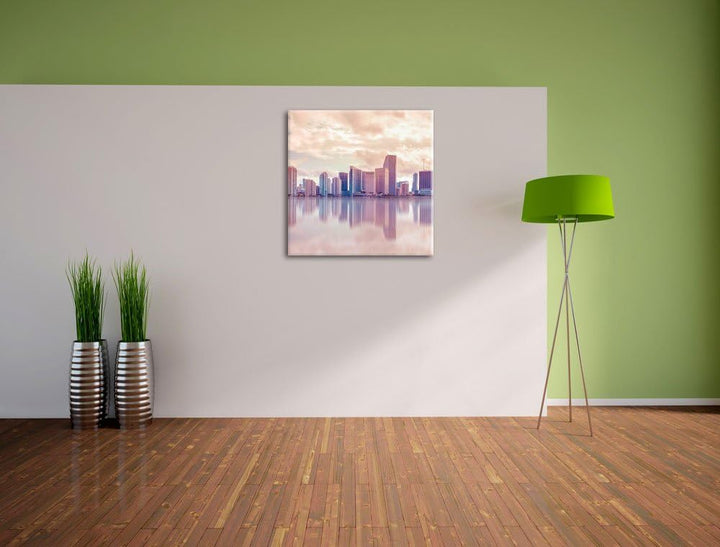 Pixxprint Miami Florida Skyline bei Sonnenuntergang, Format: 70x70 auf Leinwand, 70x70