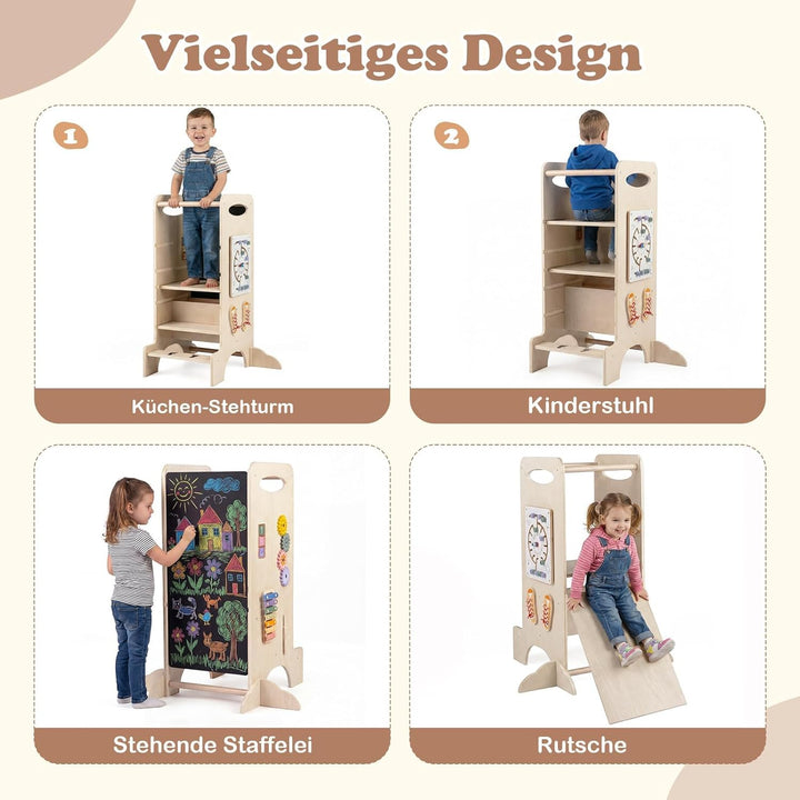 COSTWAY 4 in 1 Lernturm mit Spieltablett, Tritthocker Montessori mit 3 verstellbaren Höhen &amp; Abnehmb