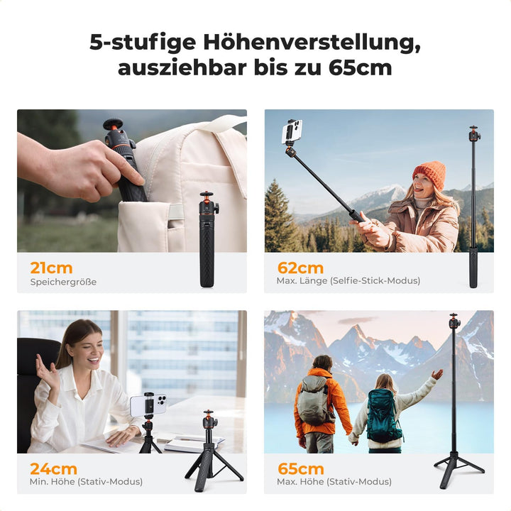 K&F CONCEPT MS-62 65cm Selfie Stick, leicht tragbares Kamera Handy Stativ mit 1/4"-Schraubschnittste