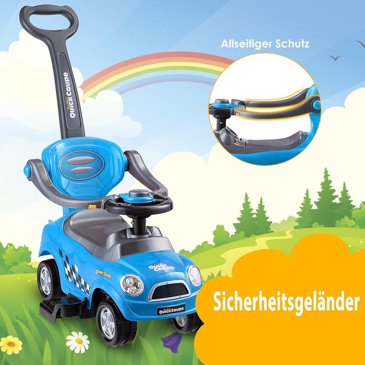 DREAMADE Rutschauto mit Schiebestange, Rutschfahrzeug mit abnehmbarem Sicherheitsbügel & Fussstützen